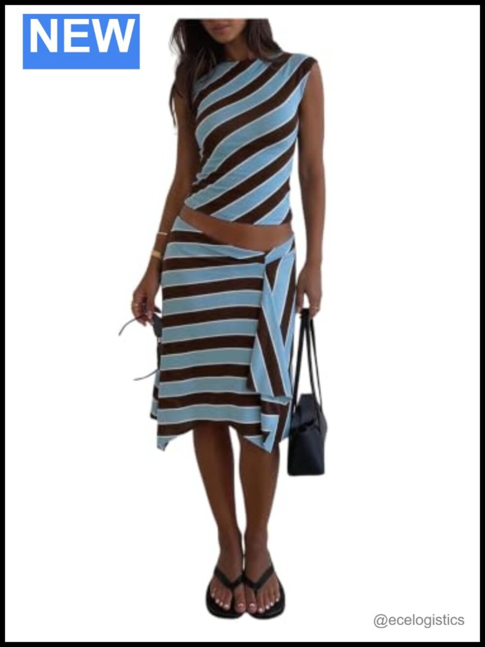 Womens 2 Piece Skirt Set Striped Boat Neck Cap Sleeve Asymmetrical Midi Skirt